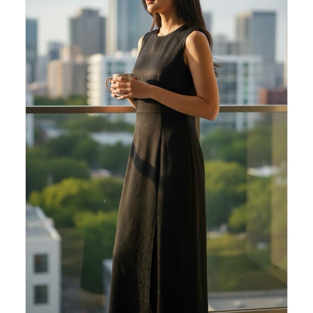 Vintage Black Maxi Dress 10 Ann Klein II Modest Slit Layer Underneath Leg Cover